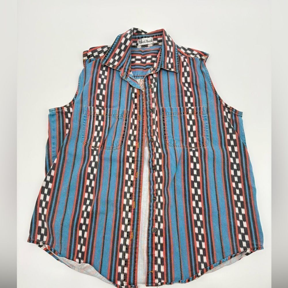 Vintage Striped Sleeveless Button-Up Shirt | Canadian tuxedo